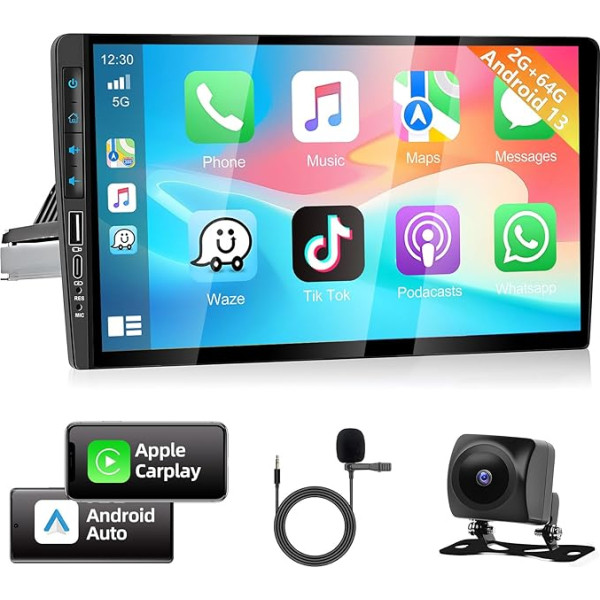 Podofo Auto radio 1 DIN ar bezvadu Apple Carplay Android auto, 2+64G 9 collu Android Bluetooth auto stereo radio 1 DIN ar ekrānu, HiFi, GPS, WLAN, SWC, RDS/FM radio + atpakaļgaitas kamera