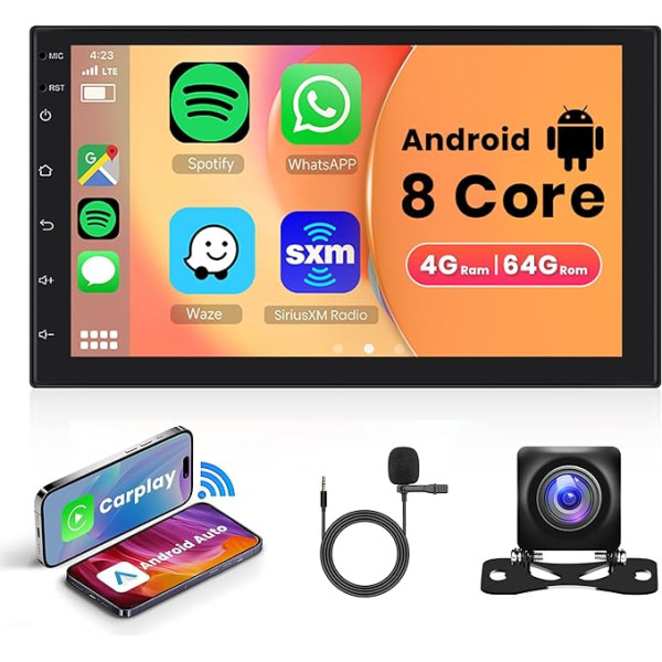 4G + 64G 8 Core Android 13 Auto radio 2 DIN ar Apple Carplay Android auto GPS navigācija WiFi 7 collu skārienjūtīgais ekrāns Auto radio ar Mirror Link Bluetooth FM/RDS USB/DAB/OBD/DVR/ISO Vadības stūres rats