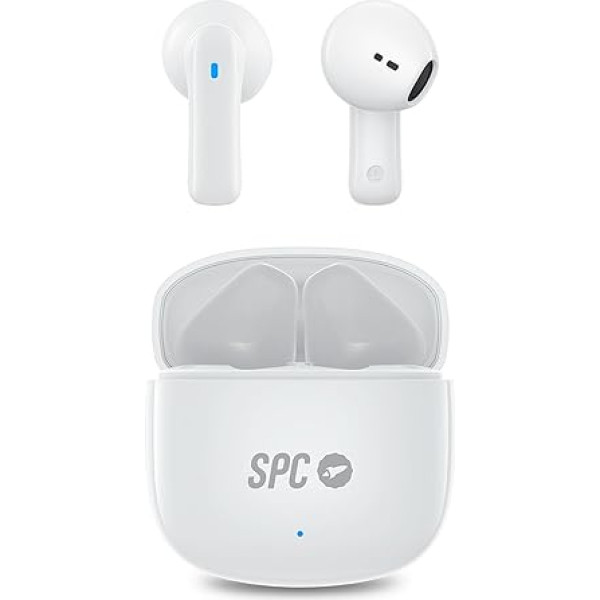 SPC Zion 2 Play Bluetooth austiņas ausīs ar 28 stundu akumulatora darbības laiku ar vairākkārtēju uzlādi, īpaši kompaktas, brīvroku zvanīšanas funkciju, balss asistentu un ļoti mazu USB-C uzlādes korpusu - baltas krāsas