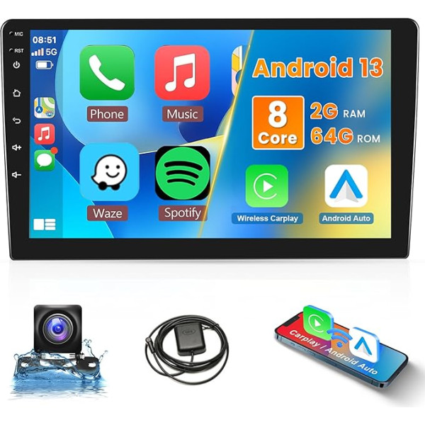 8 kodolu 2G + 64G Android 13 Auto radio 2 DIN ar bezvadu Apple Carplay Android auto GPS navigācija WiFi 9 collu auto radio ar spoguļa saiti Bluetooth FM/RDS/DAB+/DSP/EQ/OBD2/DVR stūres kontrole