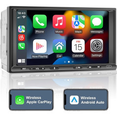 Double DIN Radio Android ar bezvadu CarPlay un bezvadu Android Car, auto radio ar navigāciju, 7 collu ekrāns, auto radio skārienekrāns ar Bluetooth, AM/FM/RDS, AUX/SWC