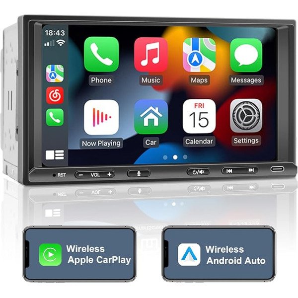 Double DIN Radio Android ar bezvadu CarPlay un bezvadu Android Car, auto radio ar navigāciju, 7 collu ekrāns, auto radio skārienekrāns ar Bluetooth, AM/FM/RDS, AUX/SWC