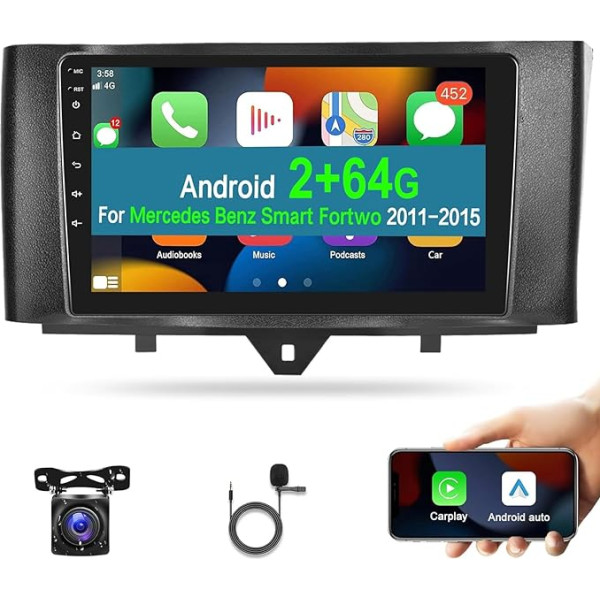 2+64G Radio para coche Android para Mercedes Benz Smart Fortwo 2011-2015 Con inalámbrico Apple Carplay y Android Car, pantalla táctil de 9 pulgadas, estéreo para coche Con Wi-Fi GPS + cámara