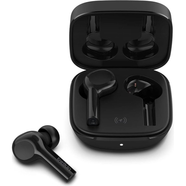 Belkin bezvadu Bluetooth austiņas ar bezvadu uzlādes korpusu, SOUNDFORM Freedom True Wireless, IPX5 aizsardzība pret sviedriem un šļakatām, dziļi basi, iPhone, Android ierīcēm - melnas krāsas