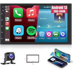 Hodozzy [2GB + 64GB] Autoradio 2 DIN ar satelītnavigāciju, Android ar bezvadu Carplay, Android Car, 7 collu skārienjūtīgais 1080P ekrāns, autoradio, Bluetooth, HiFi, FM/RDS radio, WiFi, GPS, AHD atpakaļgaita