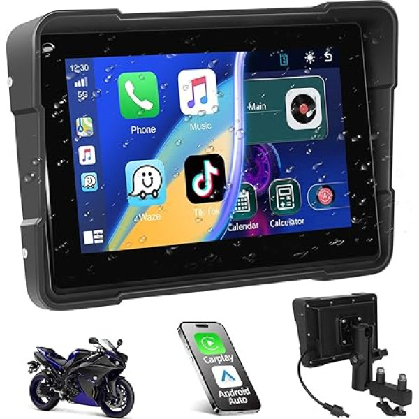 Podofo Motorrad Autoradio mit Wireless Apple Carplay Android Auto, 5-Zoll Tragbares Autoradio Bluetooth mit Mirror Link,FM-Übertragung, UI,TF-Karte, EQ-Einstellung