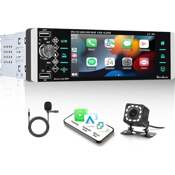 SIXWIN 1 Din Autoradio mit Apple CarPlay Android Auto, 5.1 HD IPS Zoll Touchscreen mit Mirror Link FM Radio USB/AUX in/TF Karte DSP + Rückfahrkamera Mikrofon Fernsteuerung