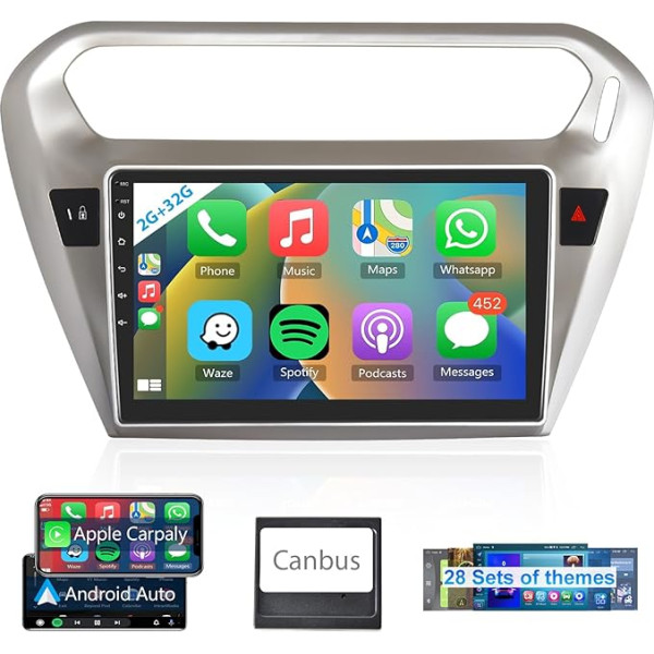 Hodozzy Android auto radio 2 DIN Peugeot 301 2013-2018/Citroen Elysee 2014 Carplay Android automašīnai ar satelītnavigāciju, 9 collu skārienekrāns ar Mirror Link/WiFi/GPS/RDS/FM/Bluetooth/USB