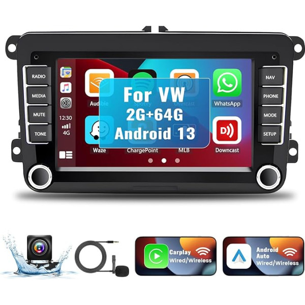 SIXWIN 2G + 64G Android auto radio VW Passat B6 Golf Skoda Jetta Tiguan Bezvadu CarPlay Android automašīnas 7 collu HD skārienjūtīgais ekrāns Bluetooth GPS navigācija FM/RDS WiFi HiFi ar atpakaļgaitas kameras mikrofonu