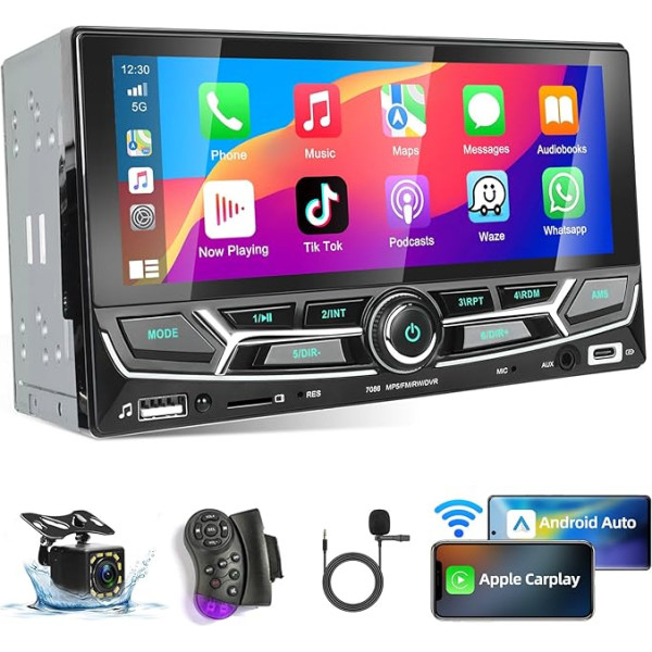 Podofo Double DIN auto radio ar Carplay bezvadu Android auto, 6,86 collu auto radio ar skārienjūtīgo ekrānu MP5 atskaņotājs ar Bluetooth 5.1 FM radio/USB/EQ/ stūres vadības ierīci + AHD atpakaļgaitas kamera