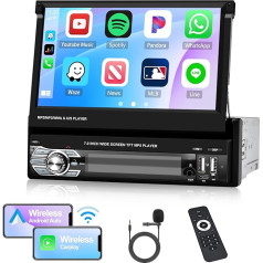 Carplay 1 DIN izvelkamais auto radio ar bezvadu Android automašīnas 7 collu salokāms skārienjūtīgais ekrāns ar Bluetooth 5.1 FM/AM radio atbalsts Mirror Link USB uzlādes EQ SWC + Mic