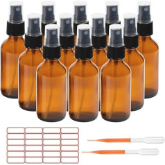 ALWSCI 12 Pieces 60ml Amber Glass Spray Bottles, Amber Pharmacy Bottles Set, Fine Mist Boston Glass Bottles, Small Spray Bottle for Essential Oils, Bath, Beauty, Hair and Cleaning