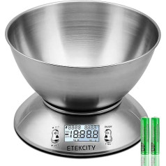 Etekcity Küchenwaage , Küchenwaage digital aus Edelstahl mit 1,96 litre abnehmbarer Schüssel, 5kg/11lb , Tara-Funktion, LCD-Display, Raumtemperaturanzeige und Timer für Backen & Kochen, Silber