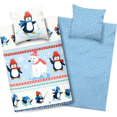 Aminata kids Bērnu gultas veļa 135 x 200 cm Pingvīns polārlācis flaneļa kokvilna Zip 2 gab Bērnu ziemas gultas veļas komplekts silts mīksts smieklīgs polārlācis Ziemeļpola dzīvnieku motīvs