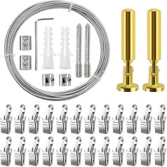 YIXISI 5 m sienas stiprinājuma komplekts ar 24 gabaliņiem metāla klipu āķiem, nerūsējošā tērauda aizkaru stieple, aizkaru tērauda virve, foto stieplei, veļas auklai, stieplei, logam, aizkaram, aizkaram, spriegojuma stieplei (zelta)