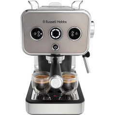 Russell Hobbs Espresso automāts [Portafiltru automāts] Distinction Stainless Steel Titanium (15 bāru, 1 un 2 krūzes, ESE spilventiņi, automātiskā dozēšanas un vadības opcija, tvaika sprausla karstam ūdenim un piena putām)