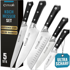 Cutluxe Kochmesser Set (5-Teiliges) - Profi Küchenmesser Set - Scharfe Messer - Hochwertiger Deutscher Kohlenstoffstahl, Durchgehender Erl, Rasiermesserscharf, Ergonomische Griffe - Artisan Serie