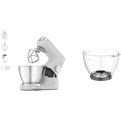 Kenwood Titanium Chef Baker KVC65.001WH - virtuves kombains ar integrētiem svariem, 1200 W, komplektā ietilpst 3 gabaliņu konditorejas piederumu komplekts, lāpstiņa un aizsargs pret šļakatām, balta un stikla trauks KAB30.000CL, piederumi