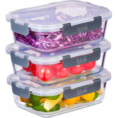 Igluu Meal Prep - Stikla trauks ar hermētisku aizdares vāciņu - hermētiska pārtikas uzglabāšana. Nesatur BPA, piemērots mikroviļņu krāsnij, cepeškrāsnī un trauku mazgājamā mašīnā 1050 ml (3 gab. iepakojumā)