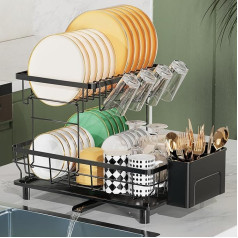 LIONONLY 2 Tier Dish Drying Rack with Drip Tray, Removable Large Dish Drainer with Swivel Drain Spout, Utensil and Chopping Board Holder for Kitchen Counter, Black