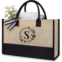 TOPDesign Personalised Initial Jute Canvas Beach Bag Monogram Gift Bag for Women, black / brown, 17