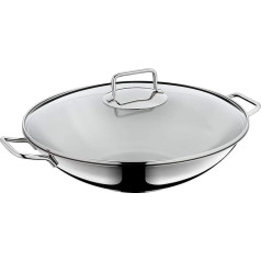 WMF Macao Induction Wok 2-dalījumu Wok panna 36 cm ar stikla vāku Wok panna indukcijas plītīm Pulēts Kromargan nerūsējošais tērauds bez pārklājuma