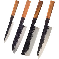 Profesionāls virtuves nažu komplekts Nakiri Santoku nažu komplekts Nakiri Santoku ar kaltu asmeni, izgatavots no 9Cr18MoV, 12-14 grādu asa asmens, paredzēts gaļas un dārzeņu daudzfunkcionālai griešanai, ergonomisks astoņstūra rokturis, 4 gab.