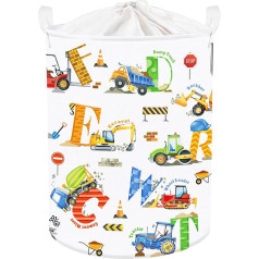 Clastyle 45L Buchstabe Baufahrzeug Bagger Junge Wäschekorb Bunt Rund Spielzeug Kleidung Aufbewahrungskorb für Kinderzimmer, 36x45 cm