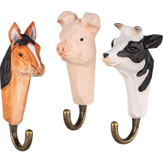 your castle 3 Wall Hooks Wooden Coat Hooks Farmyard Horse, Cow and Pig with Metal Hooks Handmade 12 cm