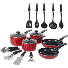 Morphy Richards Equip - 5-teleiliges Pfannen-Set mit 9-teiligem Zubehör-Set, Aluminium, rot, 20 x 38,5 x 16,5 cm