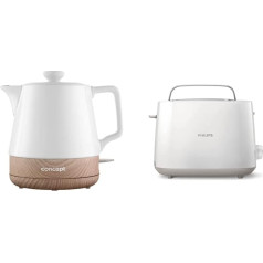 CONCEPT Hausgeräte Ceramic Kettle RK0060 1 L, 1 Litre, White & Philips Toaster - 2 Toast Slots, 8 Levels, Bread Attachment, Defrost Function, Lift Function, Automatic Shut-Off, White (HD2581/00)