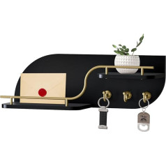 Karisky Key Holder for Wall, Modern Decorative Key and Mail Holder with 2 Floating Shelves, Wood Wall Mounted Key Organiser with 3 Gold Metal Key Hooks for Home Entryway, Black