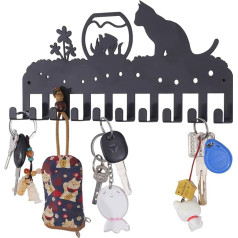 ORIGACH Large Cat and Fish Key Holder for Wall Mounting, Key Hook, Iron Key Rack with 10 Hooks for Entrance Door, Home and Kitchen, 25 cm