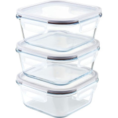 Franklin Lade 3 gab. stikla trauku komplekts Square 800ml BPA Free Leakproof Lids + 3 rezerves silikona blīves, kas ir drošas krāsnī, saldētavā un trauku mazgājamā mašīnā