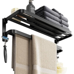 2 Tier Towel Rack Wall Mounted Bathroom Towel Rack Foldable Black Aluminum Towel Rack with Hooks Drill/Self-Adhesive Towel Rack for Bathroom Kitchen Toilet 60cm