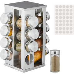 Relaxdays Spice Carousel, 16 Spice Jars, 40 Labels, 360° Rotatable, Stainless Steel, Glass, HBT: 27.5 x 19.5 x 19.5 cm, Silver