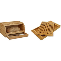 Relaxdays Roll Bread Bin with Drawer, Bamboo, H x W x D: 21 x 40.5 x 28 cm, Wood, Natural & Bamboo Bread Chopping Board Approx. 3 x 37 x 21.5 cm Chopping Board with Crumb Compartment for Easy Cleaning Natural