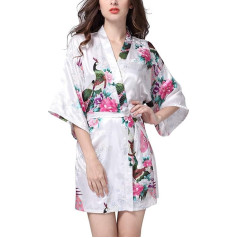 YAOMEI Sieviešu kimono halāts Sieviešu zīdains satīna naktsveļa halāts ar pāvu un ziedu Kimono negližejs Zīda halāts Silk Robe Loose Pyjamas Short Style