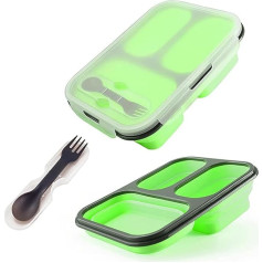 alouweekuky Foldable Bento Box - Noplūdes necaurlaidīga Bento pusdienu kārba Silikona saliekamā pusdienu kārba ar trīs nodalījumiem un karoti un dakšiņu pieaugušajiem / bērniem (zaļa)