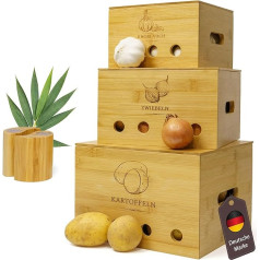 BAZELINE CREATIONS® Bamboo Trio Storage Box [3 komplekti] | Videi draudzīga virtuves organizēšanas sistēma | Ideāls risinājums kartupeļu, sīpolu un ķiploku uzglabāšanai