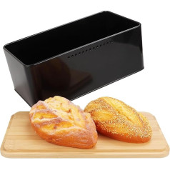 YOUNTHYE Duonos dėžė su pjaustymo lenta, juoda duonos dėžė 33 x 18 x 13 cm, duonos krepšys, juoda duonos dėžė su mediniu dangčiu, duonos dėžė, maža duonos dėžė, nerūdijančio plieno duonos talpykla