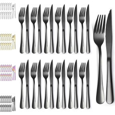 Evanda Black Steak Cutlery 24 gabali, melns titāna pārklājums, nerūsējošā tērauda 12 galda dakšu un 12 galda nažu komplekts, steiku naži, steiku dakšas, trauku mazgājamā mašīnā