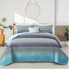 WONGS BEDDING Gultas pārklājs 200 x 220 cm Gultas pārklājs 200 x 220 cm Gultas pārklājs Boho segas sega 3 gab., divguļamā gulta Stepēta sega Mikrošķiedras sega ar 2 spilvendrānām 50 x 75 cm guļamistabai kā dīvāna pārklājs (zils)