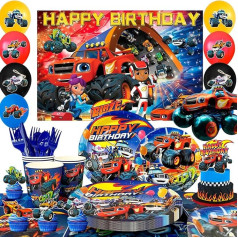 Monster Truck Birthday Supplies, 140 gabali Blaze dzimšanas dienas dekorāciju komplekts - šķīvji, Monster Truck galdauts, balonu kūka un Monster Truck ballītes salvetes utt. Monster Truck dzimšanas diena