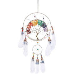 7 Čakras Dzīvības koks Dream Catcher Sienas apdare ar varavīksnes dziedinošo kristāla akmeni Roku darbs Balta spalvu DreamCatchers Sienas piekaramie rotājumi guļamistabai Mājas dekori svētības dāvanu pusei