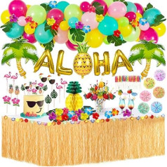 Mishopy 153 Havaju salas puse dekorēšana Hawaii Luau galda svārki Balonu komplekts Mākslīgās palmu lapas Ananāsu kūka Topper 3D augļu salmiņi Lietussargs BBQ Tropical Garden Tiki Vasaras puse dekorēšana