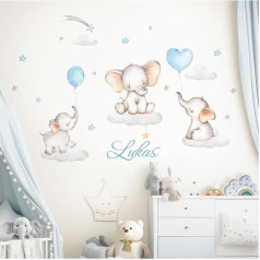 Little Deco DL709 Wall Sticker Elephants & Desired Name I Wall Picture 90 x 54 cm (W x H) I Nursery Baby Room Sticker Wall Sticker Clouds Wall Sticker Stars