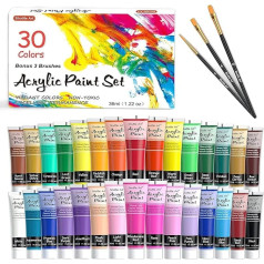 Shuttle Art Acrylic Paint Set, 30 Acrylic Colours in Tubes (36 ml each) with 3 Brush Set, Non-Toxic and Acid Free, Acrylic Paint Waterproof for Artists, Beginners, Adults on Canvas, Stones, Wood