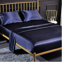 Jemiipee Fitted Sheet Plain Satin Shiny gultas pārklājs 160 x 200 cm matračiem līdz 35 cm Fitted Sheet Set 4-Piece Set with Bed Sheet, Fitted Sheet, 2 Pillowcases - Navy Blue