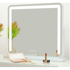 OUO Hollywood Make-Up Mirror with Lighting, Large LED Cosmetic Mirror, Touch Control, 3-Colour Light, Dimmer LED Lights, with USB, 360° Rotation, 60 x 50 cm